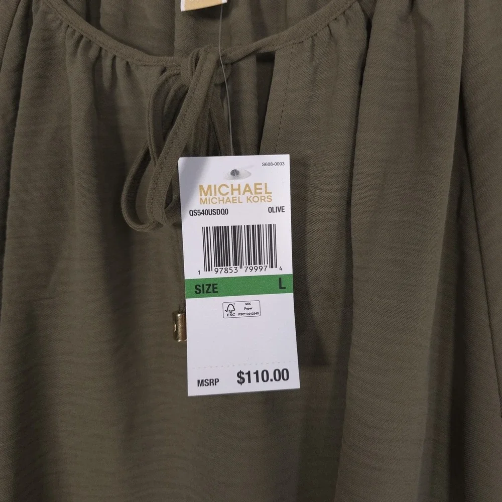 MICHAEL KORS Women's New Top Blouse LARGE Olive Bell Sleeve Casual QS540USDQ0